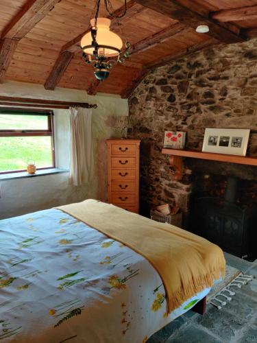 Turriff的住宿－Silverstripe，一间卧室设有一张床和石墙