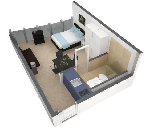 a rendering of a small apartment with a bedroom at HITrental Allmend Standard Studios in Lucerne