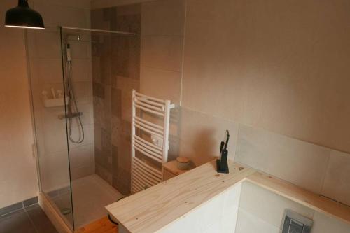 a bathroom with a shower and a wooden counter top at Joli appartement confortable rénové style cosy in Saint-Martin-de-la-Porte