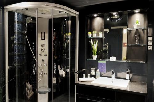 uma casa de banho com um lavatório e um chuveiro em Serene City Centre Apartment Budapest em Budapeste