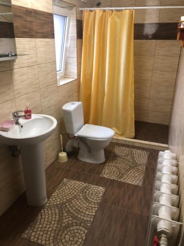 a bathroom with a toilet and a sink and a shower at Садиба "Сонячна" in Kosiv