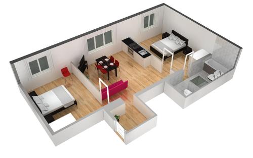a rendering of a bedroom and living room in a house at HITrental Stauffacher Apartments in Zurich