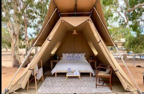 1 dormitorio en una tienda de campaña con 1 cama y sillas en Glamping at Buckland Estate, en Irishtown