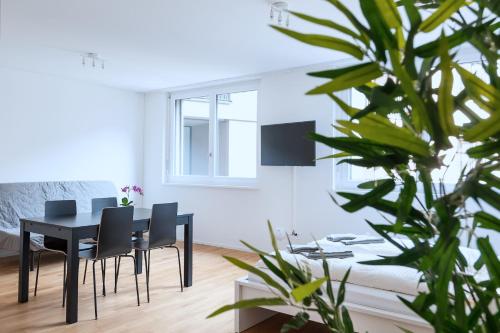 a dining room with a black table and chairs at HITrental Messe Apartments in Basel