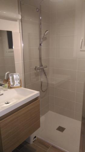 une salle de bain avec douche et lavabo dans l'établissement Studio centre Carroz CA210, aux Carroz d'Arâches