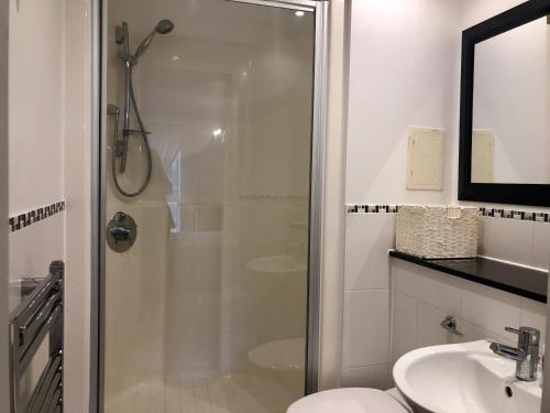a bathroom with a shower and a toilet and a sink at Toothbrush Apartments - Ipswich Waterfront - Anchor St in Ipswich