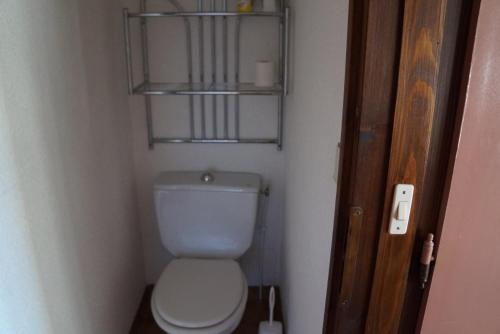 Elle comprend une petite salle de bains pourvue de toilettes blanches. dans l'établissement NAN01 - Studio 4 Pers Télécabine, aux Carroz d'Arâches