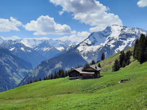 a cabin on a green hill with snow covered mountains at Landhaus Kröll in Hippach