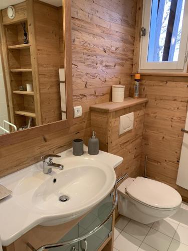 une salle de bain avec un lavabo blanc et des toilettes dans l'établissement CX116 - Duplex 6 pers Pied de pistes, aux Carroz d'Arâches