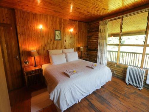 a bedroom with a bed in a wooden room at Mountain Fly Fishing in Magoebaskloof