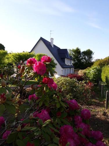 une maison avec des fleurs roses devant elle dans l'établissement Chambre sympa belle propriété, à Gouesnou