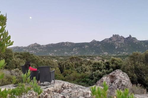 a person sitting on a bench on top of a rock at Eco Lodge nella natura Con Piscina privata "La Grande Quercia" in Calangianus