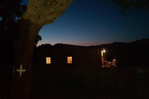 a house at night with the lights on at Eco Lodge nella natura Con Piscina privata "La Grande Quercia" in Calangianus