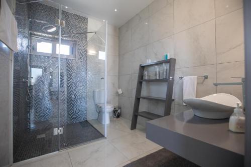 a bathroom with a shower and a toilet and a sink at Villa Marylou in Protaras