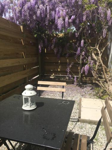 a table and a bench with purple flowers on a fence at Maison T2, 4 étoiles, lac de Christus in Saint-Paul-lès-Dax