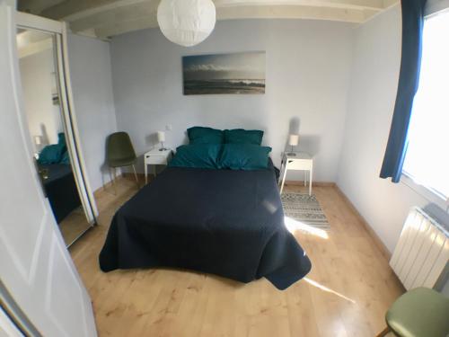 a bedroom with a large black bed in a room at Maison T2, 4 étoiles, lac de Christus in Saint-Paul-lès-Dax