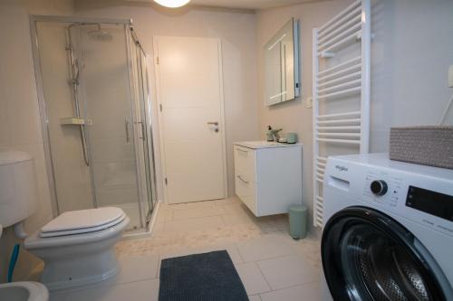 a bathroom with a shower toilet and a washing machine at Apartment Skylight in Kostrena