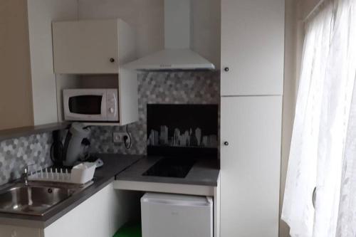 a small kitchen with a sink and a microwave at studio idéalement situé sur le Bassin d'Arcachon in La Teste-de-Buch