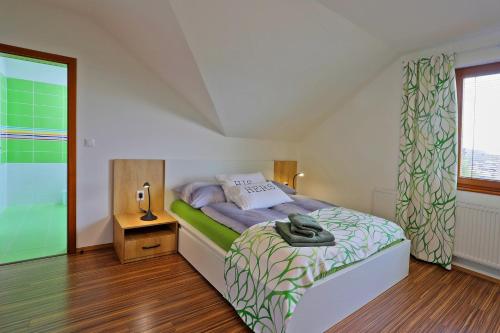 um quarto com uma cama e uma grande janela em ELTAKO penzion em Karlovy Vary