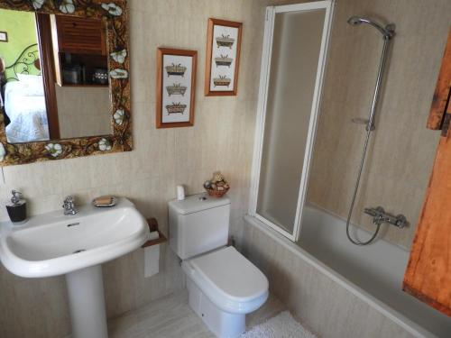 a bathroom with a toilet and a sink and a shower at Tranquilidad en helguera in Helguera