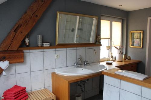 a bathroom with a sink and a mirror at Bed & Breakfast Bodensee mit Herz in Stockach