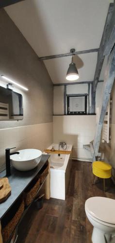 La salle de bains est pourvue d'un lavabo et de toilettes. dans l'établissement Le Domaine d'Hérambault, à Montcavrel