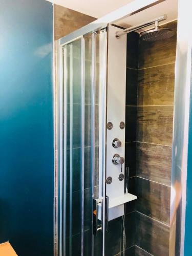 La salle de bains est pourvue d'une douche aux murs bleus. dans l'établissement Logement cosy avec terrasse proche zoo de beauval, à Noyers-sur-Cher