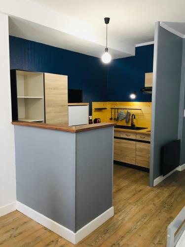 une cuisine avec des murs bleus et un comptoir. dans l'établissement Logement cosy avec terrasse proche zoo de beauval, à Noyers-sur-Cher