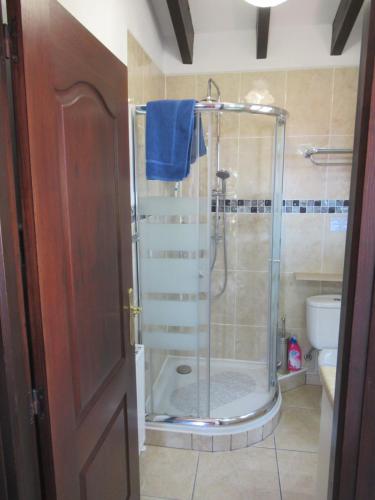 a shower with a glass door in a bathroom at Villa Mimosa in Moraira
