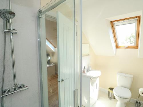 a bathroom with a toilet and a glass shower door at The Annex at The Stables in Alford