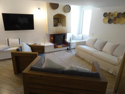 a living room with two couches and a fireplace at LA DIMORA DELLE 3 ZIE in Matera