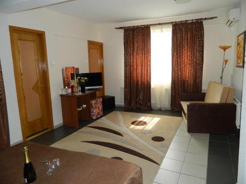 a living room with a couch and a television at Hotel Tranzzit in Bucharest