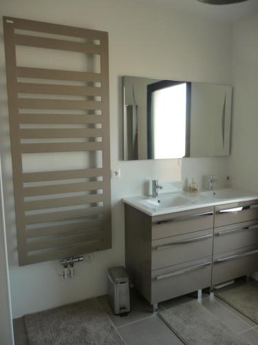 a bathroom with a sink and a mirror at Chambres d'hôtes dans maison contemporaine in Vernouillet