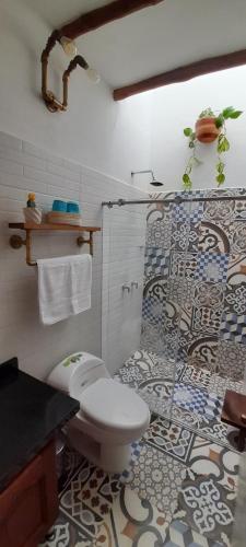 a bathroom with a toilet and a tiled shower at Alemau´s House Casa Hospedaje en Barichara in Barichara