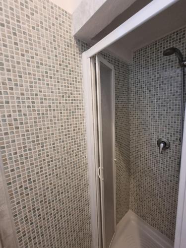a shower with a glass door in a bathroom at Hotel Portofina in Santa Marinella