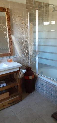 a bathroom with a potted plant next to a shower at Quinta La Lulú in El Pato