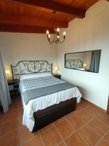 1 dormitorio con cama, espejo y lámpara de araña en Apartamento Mencey de StarApsTenerife, en Sauzal