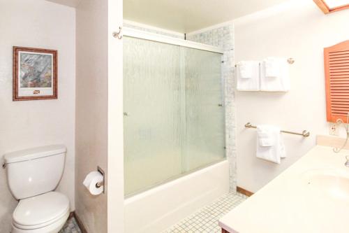 uma casa de banho com um chuveiro, um WC e um lavatório. em Waikomo Streams 202 em Kipu