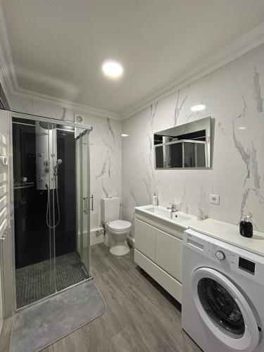 a bathroom with a shower toilet and a washing machine at Beija Mar in Vila Franca do Campo