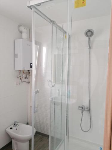 y baño con ducha de cristal y aseo. en Malvarrosa apartamentos, en Valencia
