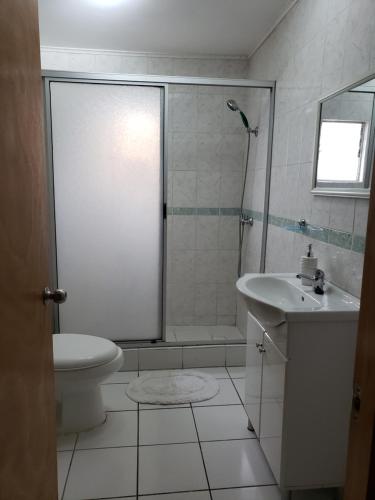 a bathroom with a toilet and a sink and a shower at Casa Aldunate, La calera in La Calera