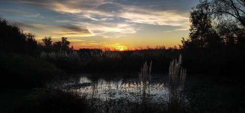 a sunset over a pond with the sun setting at La Casa de los Limoneros in Colonia del Sacramento
