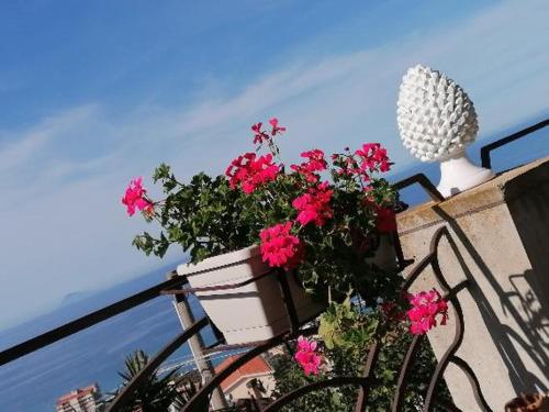 un fioraio con fiori rosa su una ringhiera con una statua di Nnakkara Guest House a Santo Stefano di Camastra