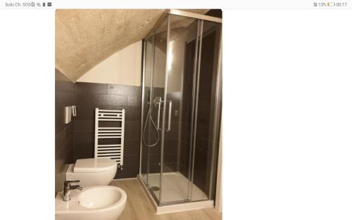 a bathroom with a shower with a toilet and a sink at LITHOS ROOMs in Matera