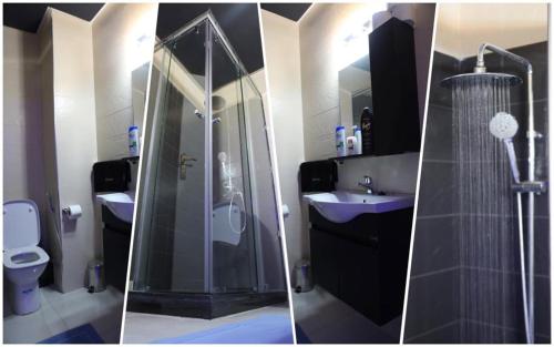 - deux photos d'une salle de bains avec douche et lavabo dans l'établissement Nouveau appartement vue sur mèr , renouvelé en entier, à Assilah