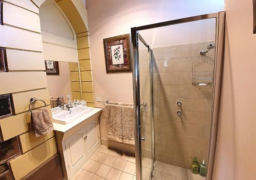 a bathroom with a shower and a sink at Burra Railway Station BnB in Burra