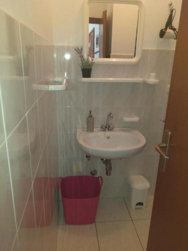 a bathroom with a sink and a mirror at Apartments Gržanov in Sutomišćica