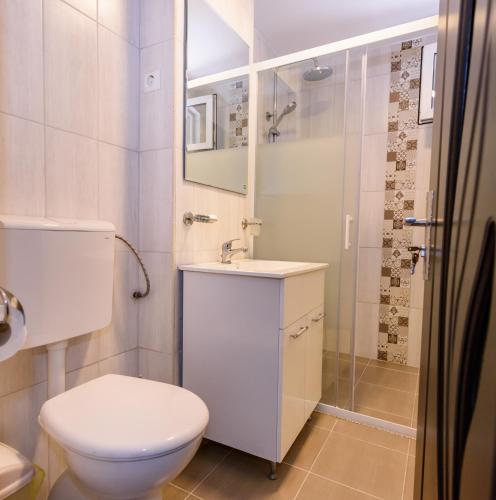 a bathroom with a toilet and a sink and a shower at Vilele violeta in Mamaia Sat/Năvodari
