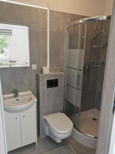 a bathroom with a toilet and a shower and a sink at Reda apartments in Lublin