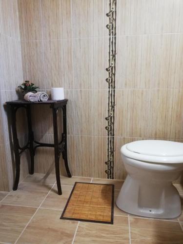 a bathroom with a toilet and a side table at HeuReka Apartman in Pécs